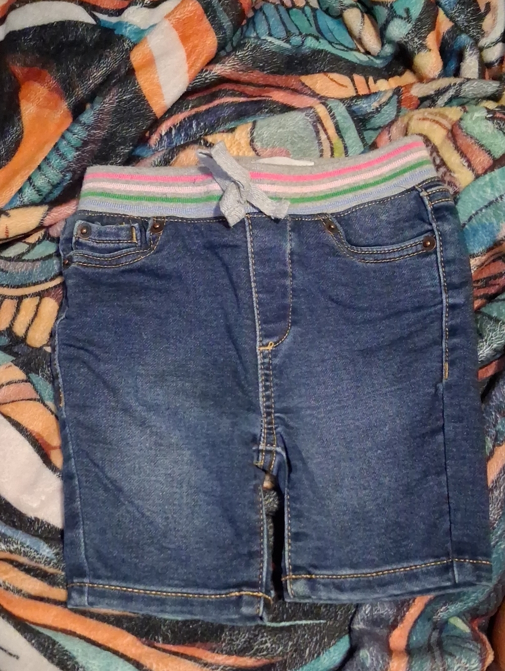 crown & ivy Light Blue Denim Bermuda Shorts with Multicolor Stripe Waist